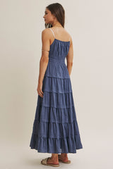 Denim Blue Smocked Waist Tiered Maxi Dress