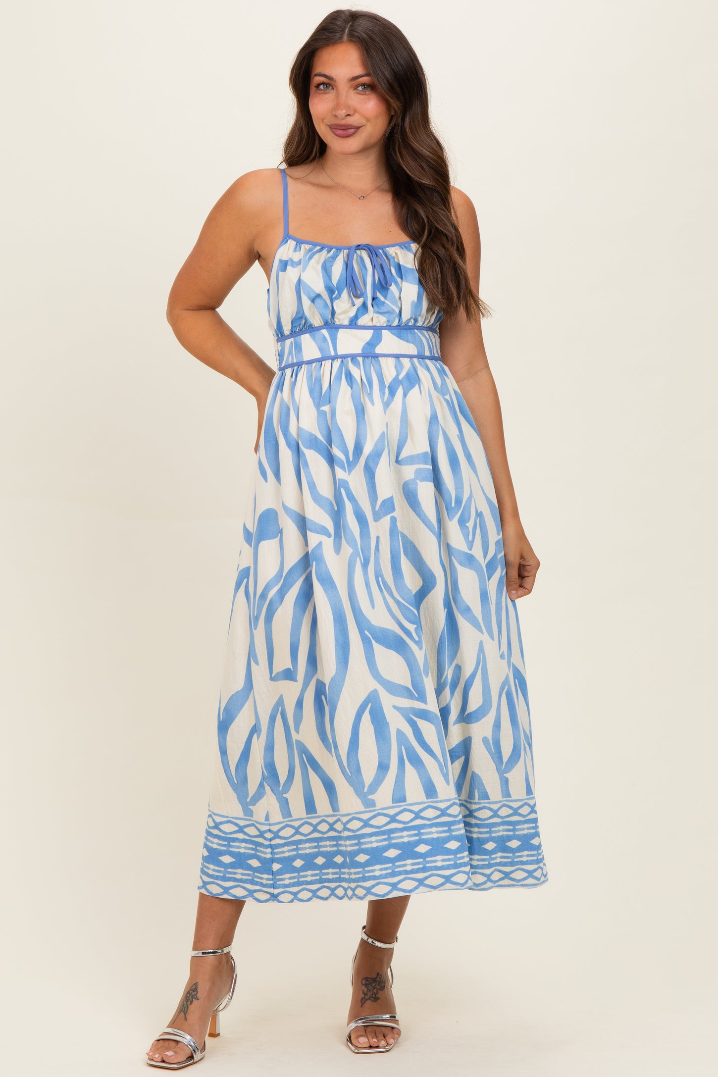 Blue Printed Front Tie Maternity Midi Dress