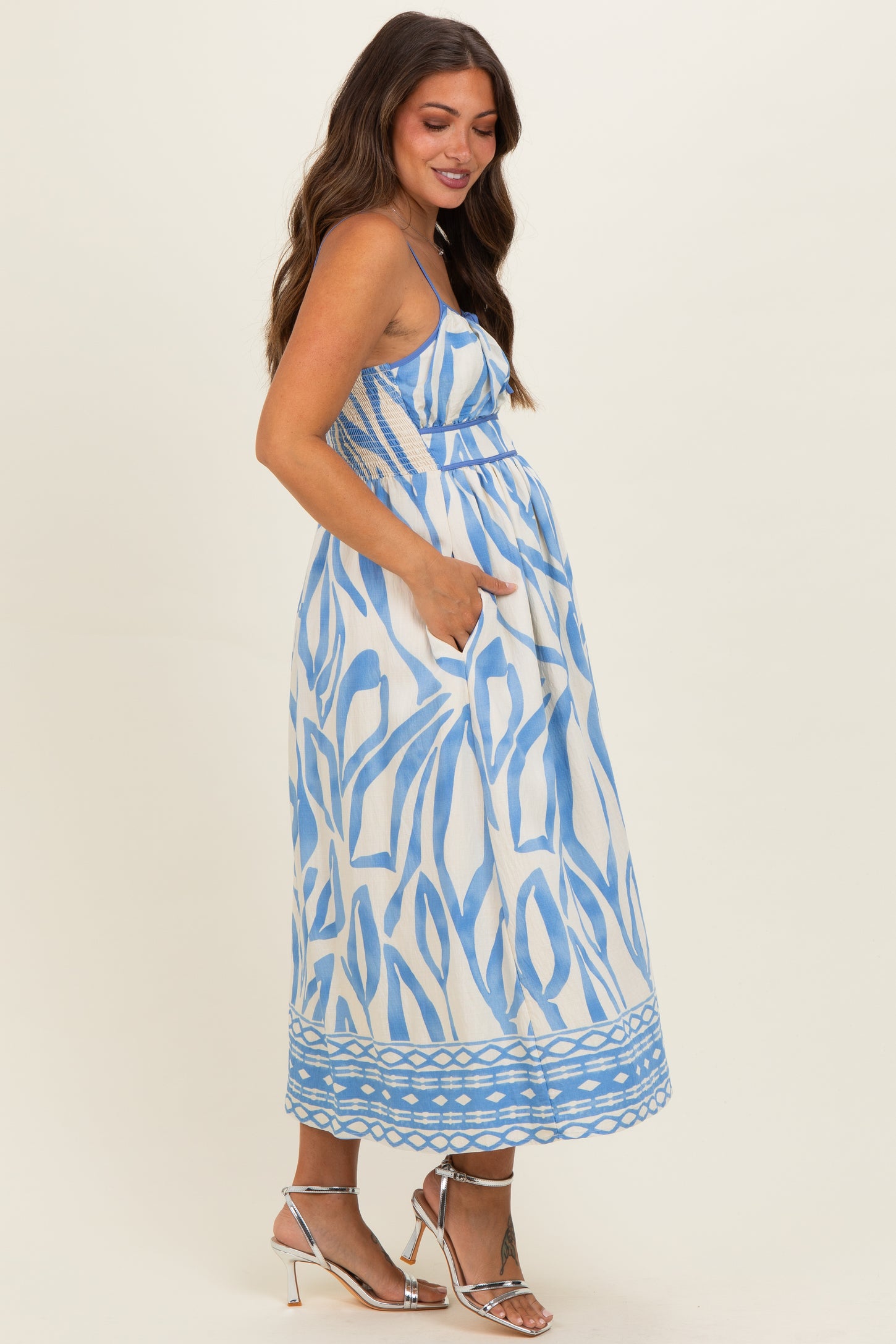 Blue Printed Front Tie Maternity Midi Dress