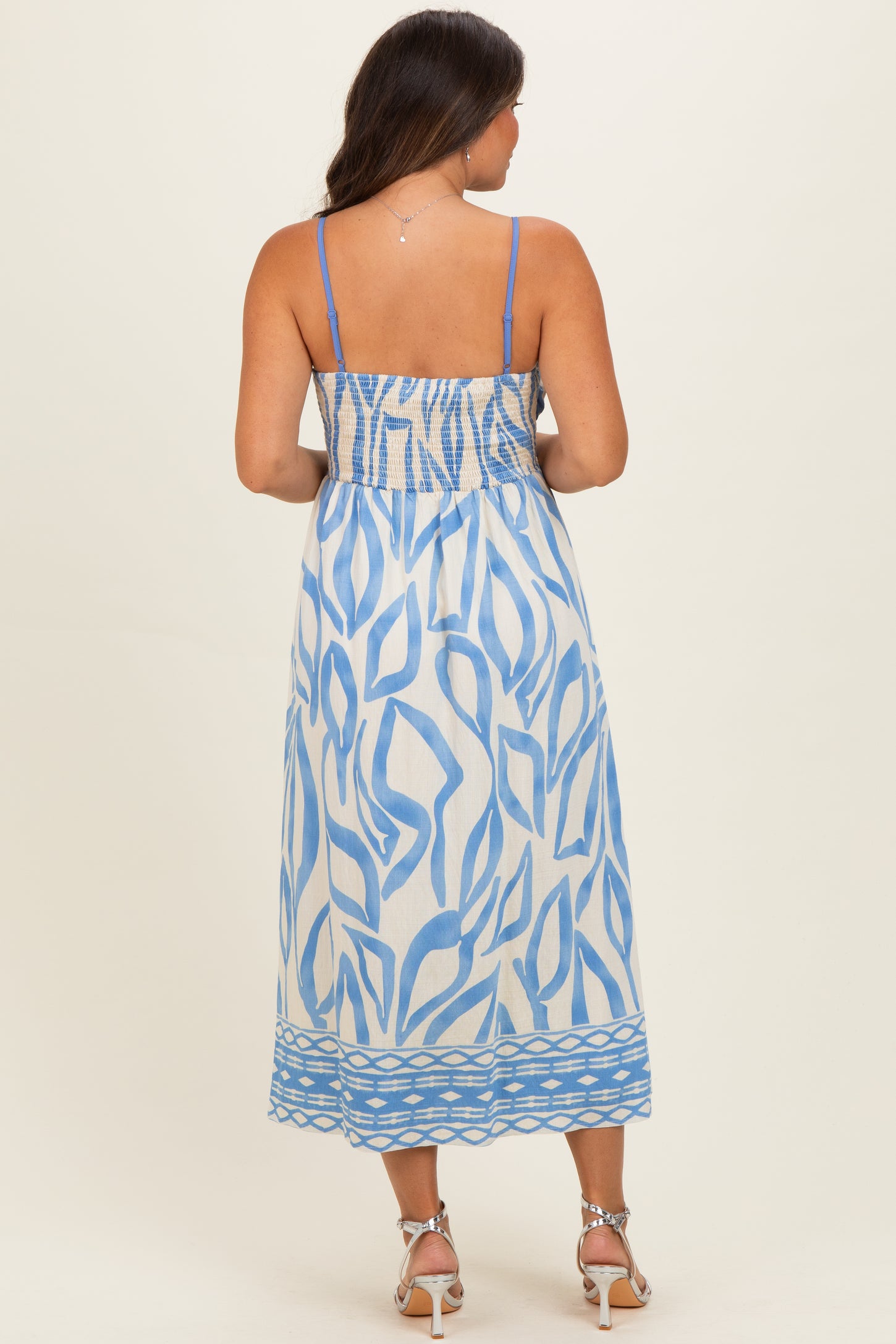 Blue Printed Front Tie Maternity Midi Dress
