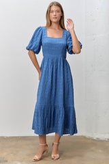 Blue Textured Square Neck Bubble Sleeve Midi Dress