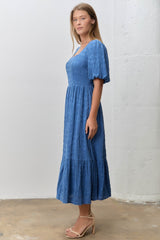 Blue Textured Square Neck Bubble Sleeve Midi Dress