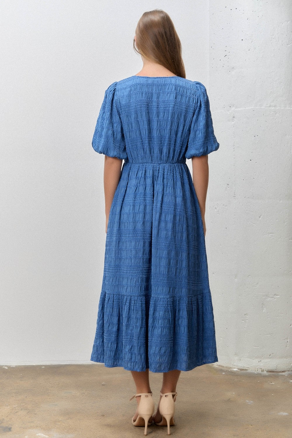 Blue Textured Square Neck Bubble Sleeve Midi Dress