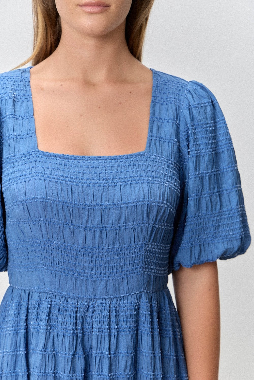 Blue Textured Square Neck Bubble Sleeve Midi Dress