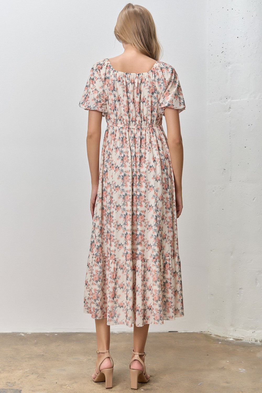 Cream Multi Floral Print Bubble Sleeve Midi Dress