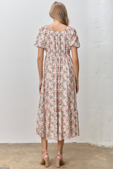 Cream Multi Floral Print Bubble Sleeve Midi Dress