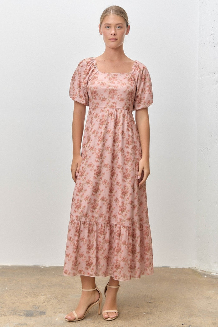 Pink Multi Floral Print Bubble Sleeve Maternity Midi Dress