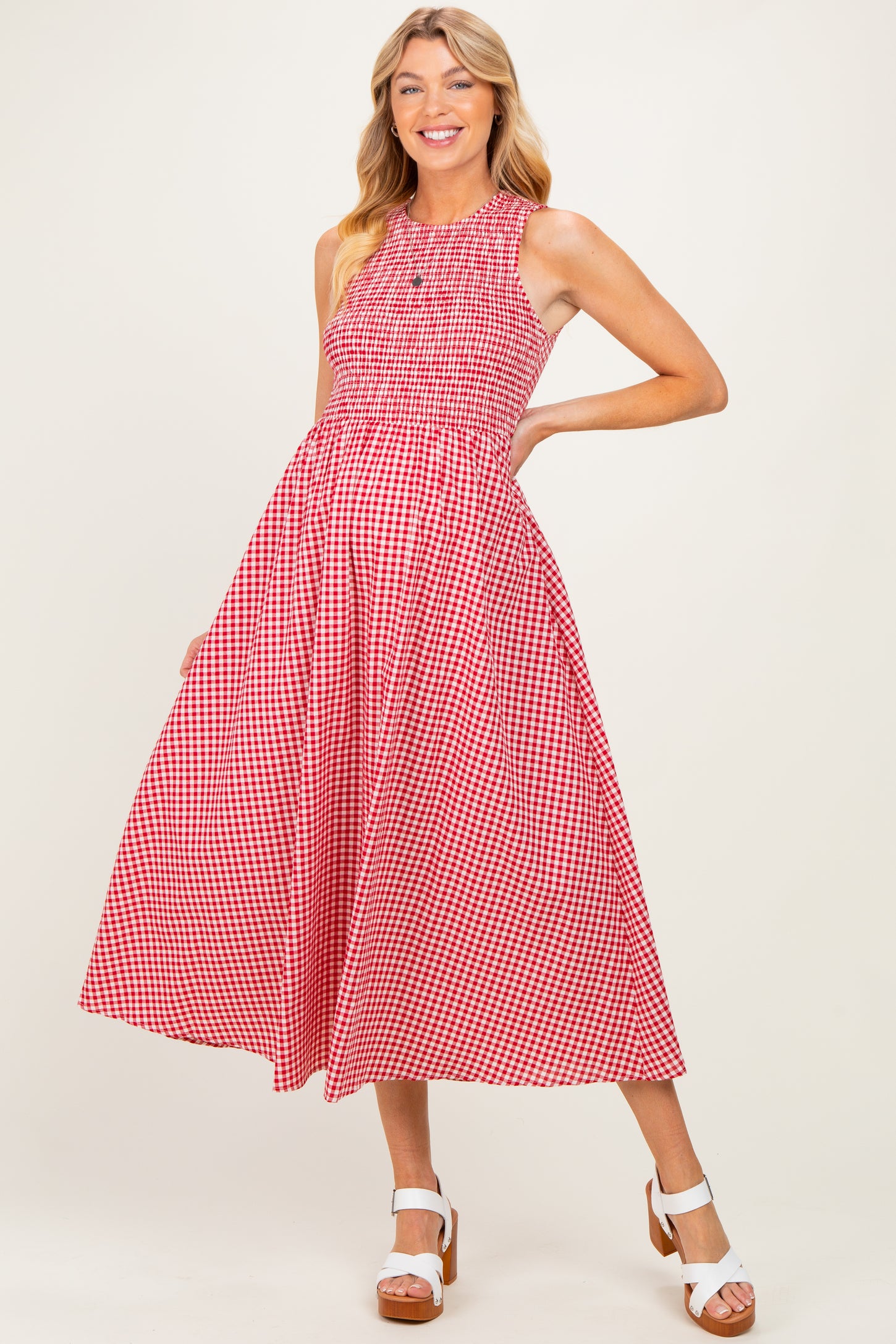 Red Gingham Smocked Cutout Tie Back Maternity Maxi Dress