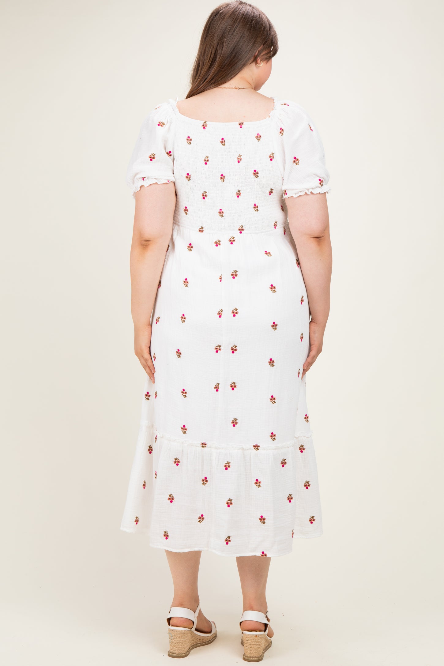 woman wearing a white maternity plus dress with floral pattern and puff sleeves, showing the back view
