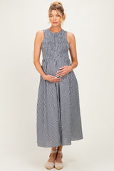 Navy Gingham Smocked Cutout Tie Back Maternity Maxi Dress