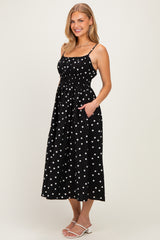 Black Polka Dot Shirred Waist Midi Dress