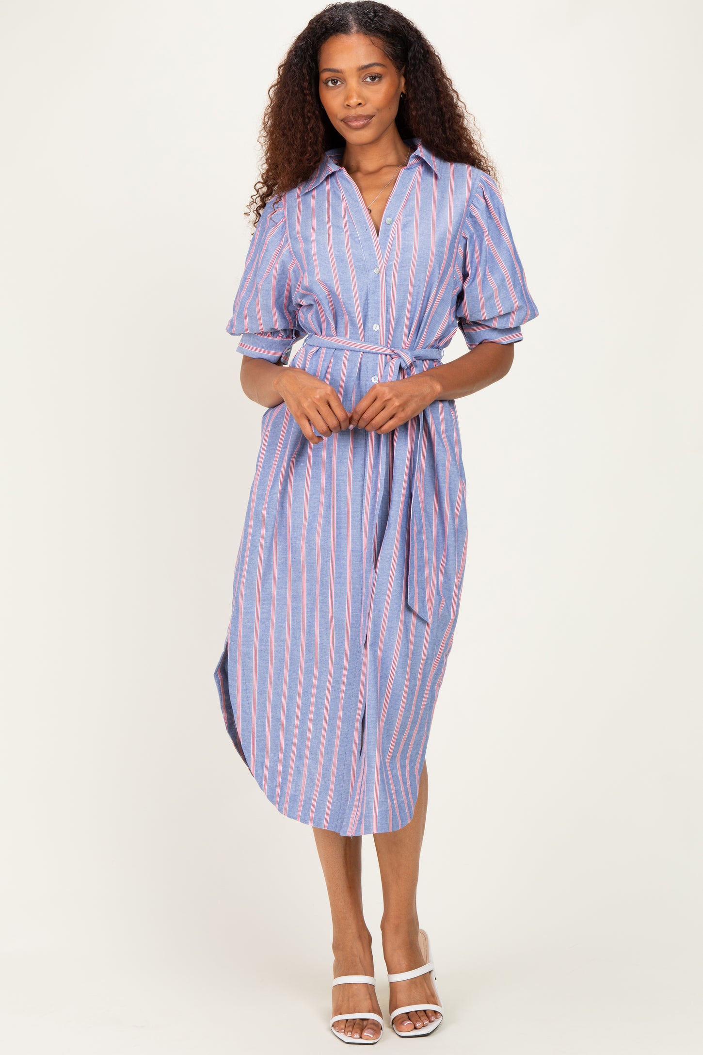 Blue Striped Puff Sleeve Midi Shirt Dress