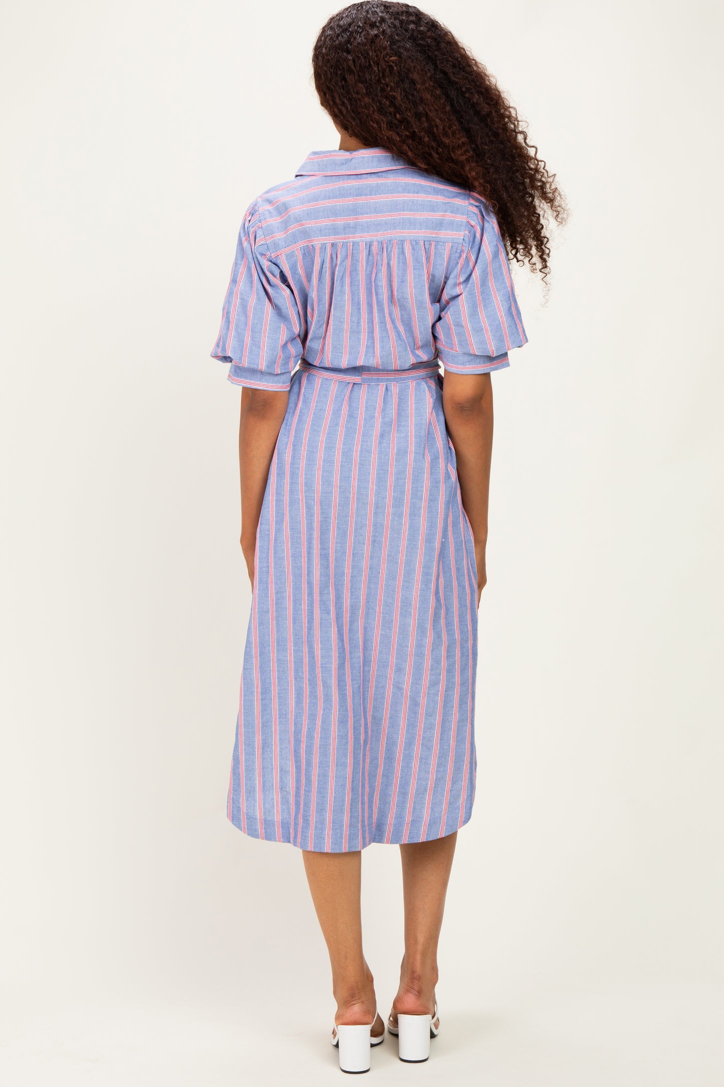 Blue Striped Puff Sleeve Midi Shirt Dress