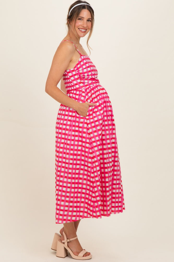 Hot Pink Gingham Maternity Midi Dress