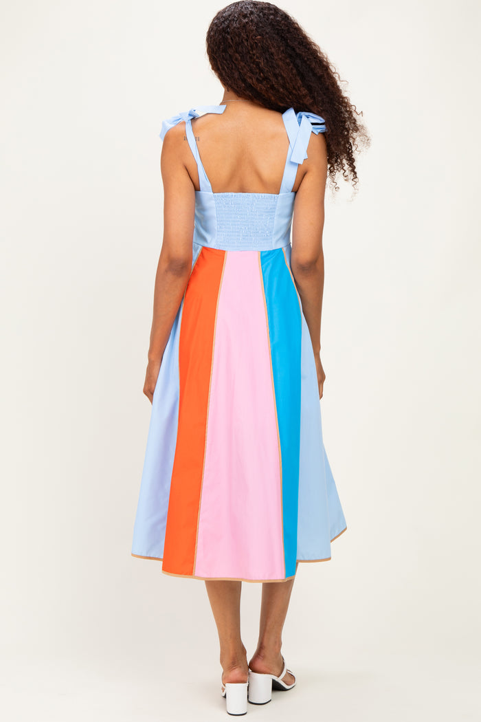 Light Blue Colorblock Shoulder Tie Midi Dress