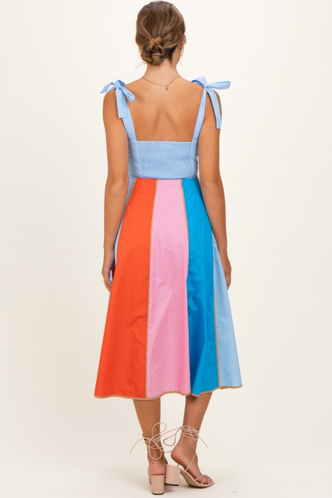 Light Blue Colorblock Shoulder Tie Maternity Midi Dress