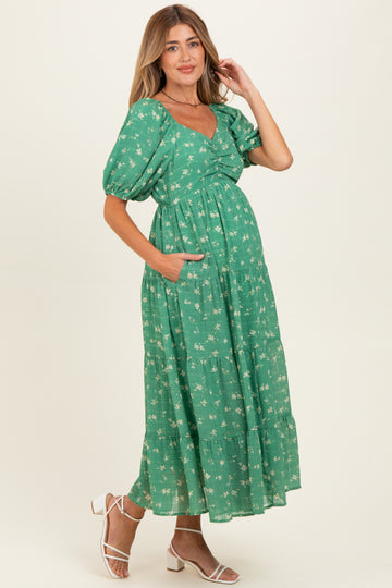 Green Printed Sweetheart Neckline Tiered Maternity Dress