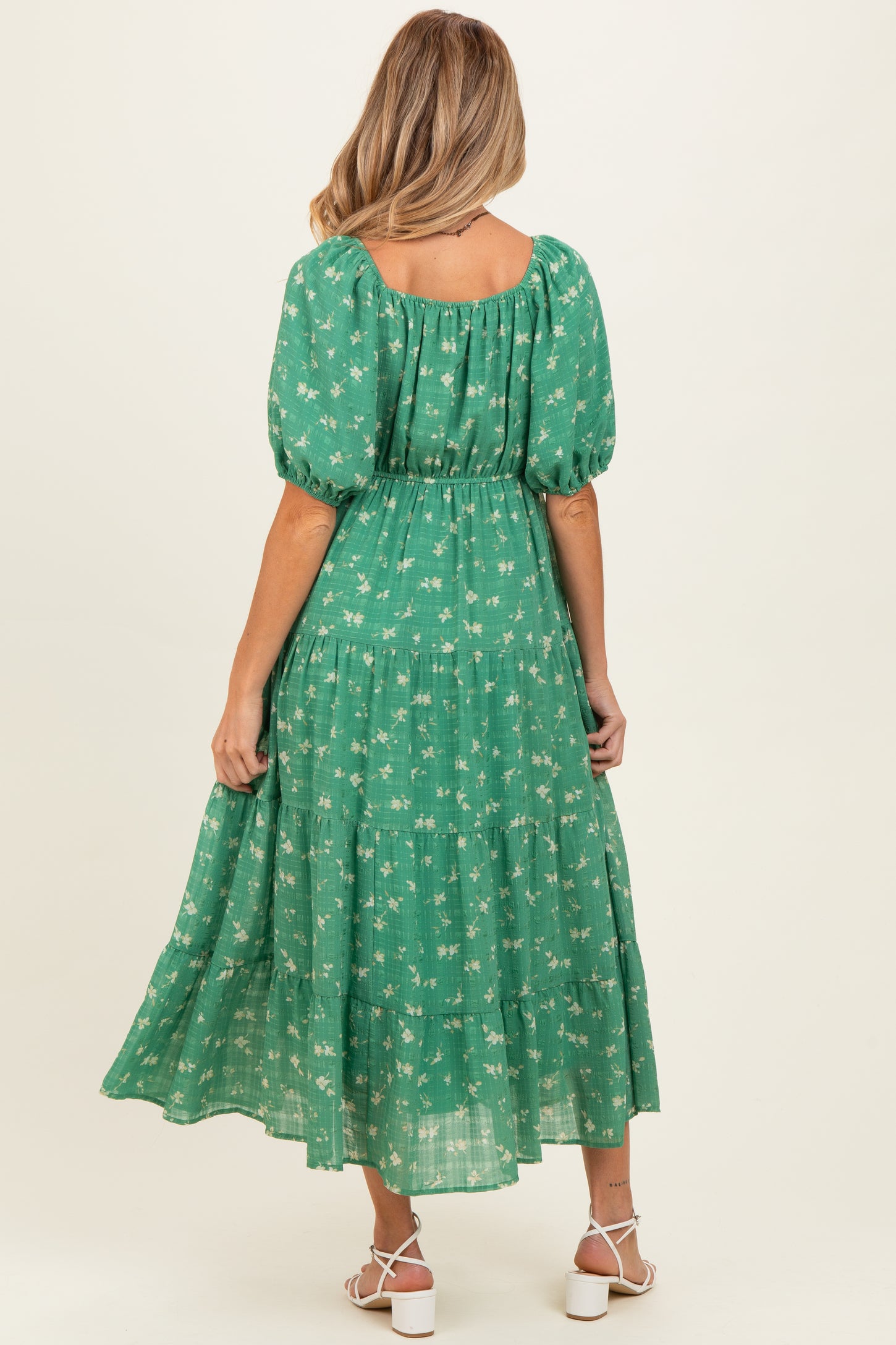 Green Printed Sweetheart Neckline Tiered Maternity Dress