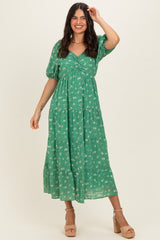 Green Printed Sweetheart Neckline Tiered Dress