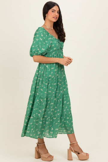 Green Printed Sweetheart Neckline Tiered Dress
