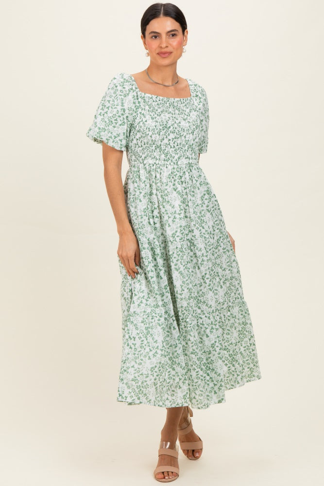 Green Floral Smocked Short Sleeve Midi Dress