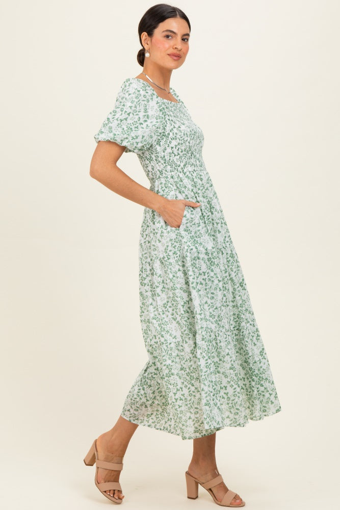 Green Floral Smocked Short Sleeve Midi Dress