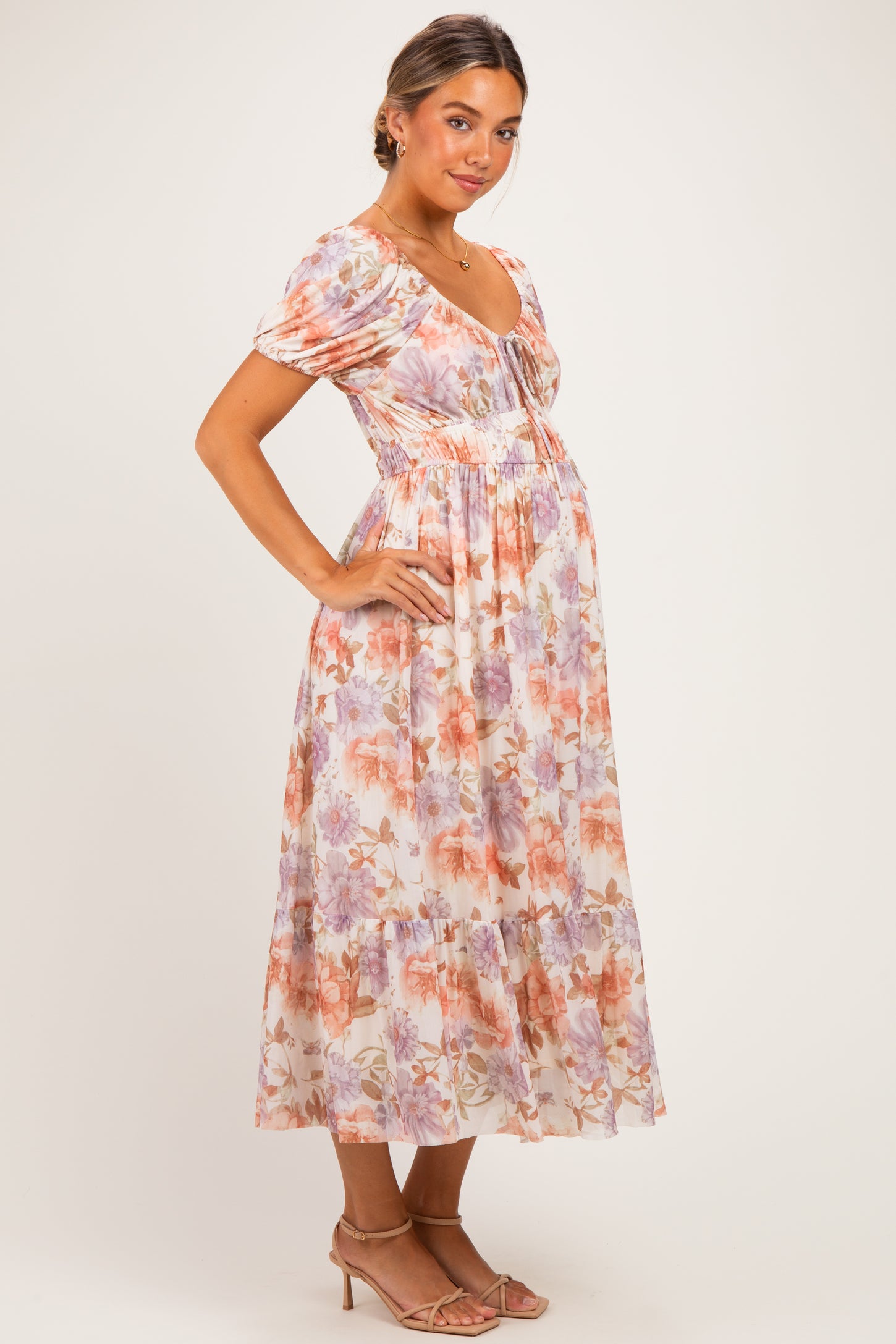 Rose Floral Front Tie Puff Sleeve Maternity Maxi Dress