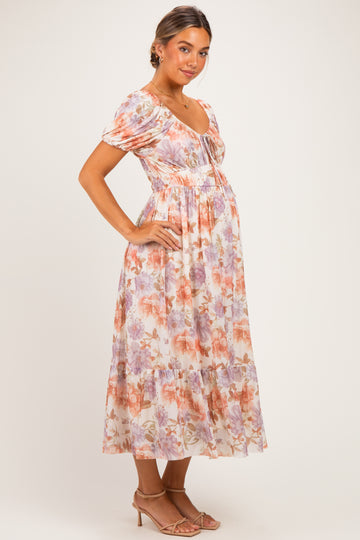 Rose Floral Front Tie Puff Sleeve Maternity Maxi Dress