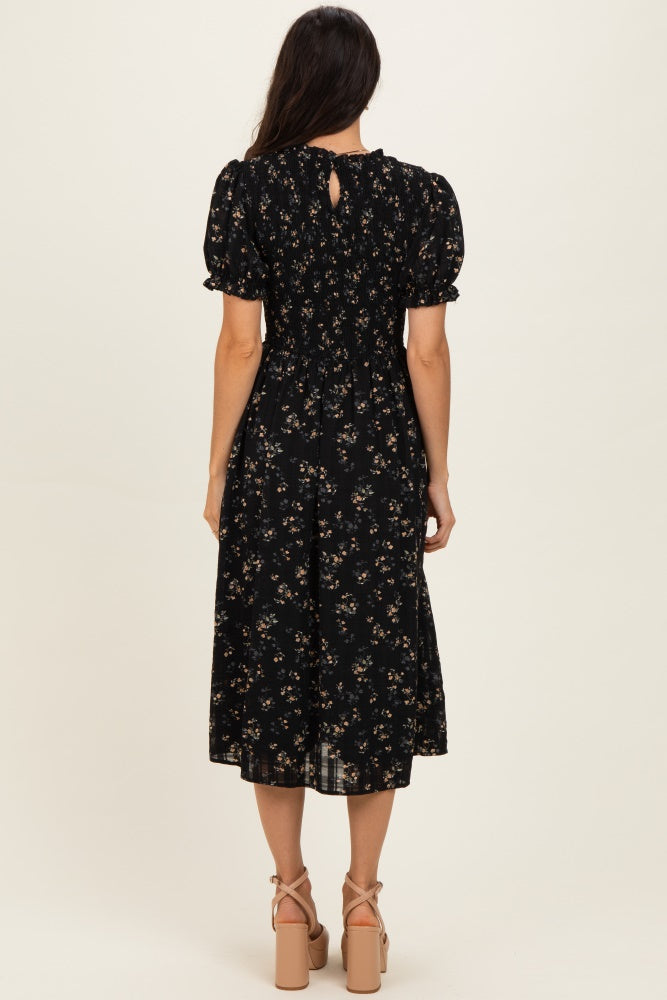 Black Floral Smocked Midi Dress