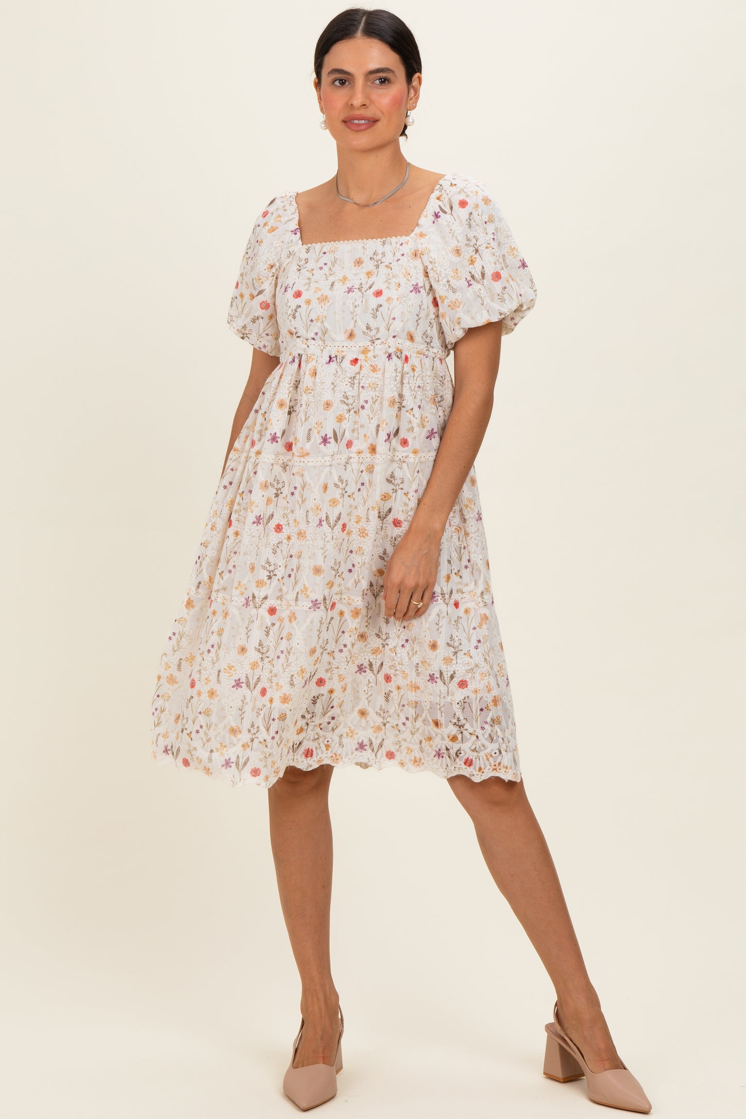 Ivory Floral Embroidered Mini Dress