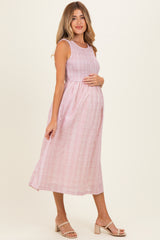 Blush Gingham Sleeveless Smocked Maternity Midi Dress