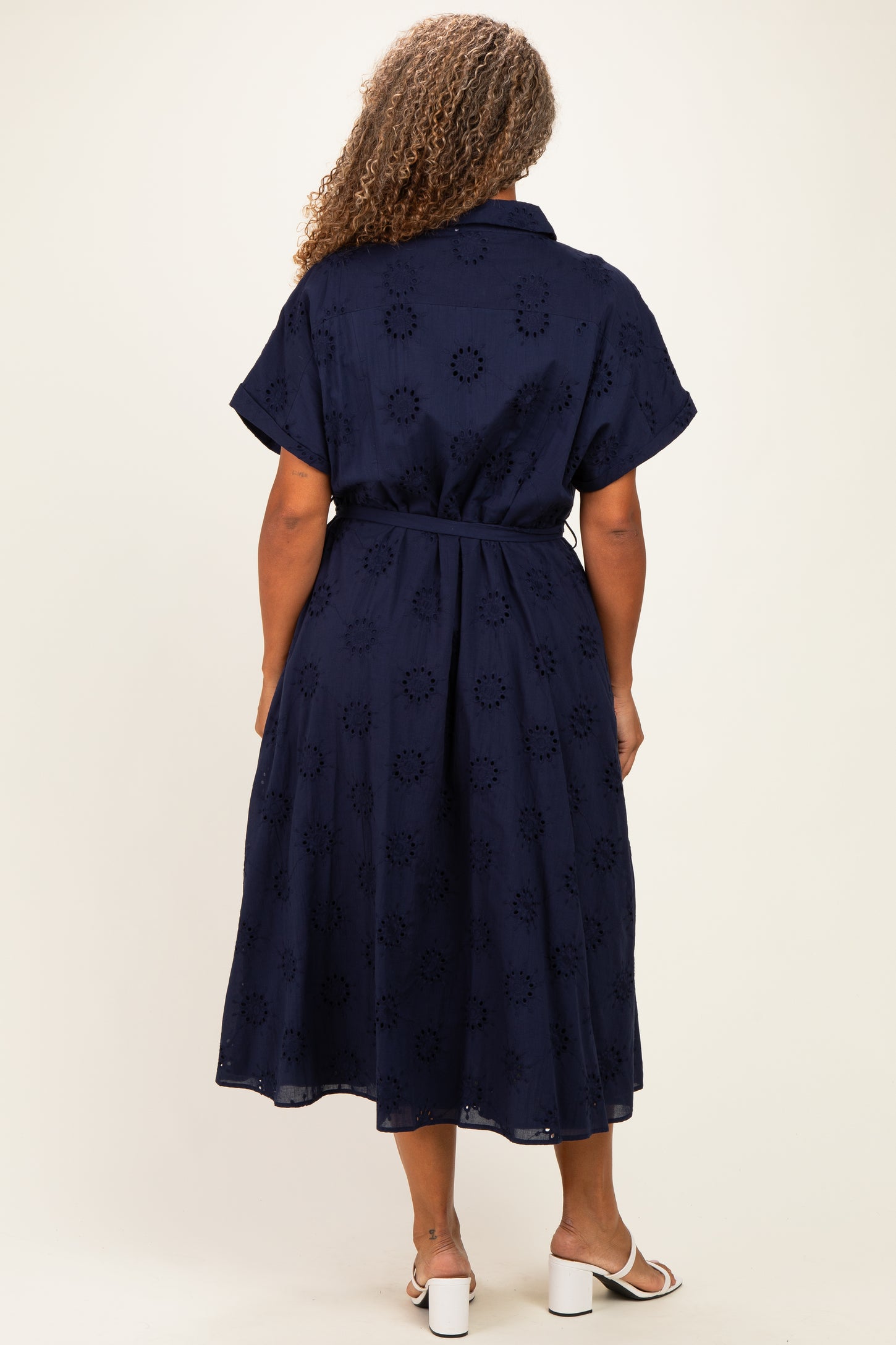 Navy Eyelet Lace Waist Tie Plus Shirt Dress