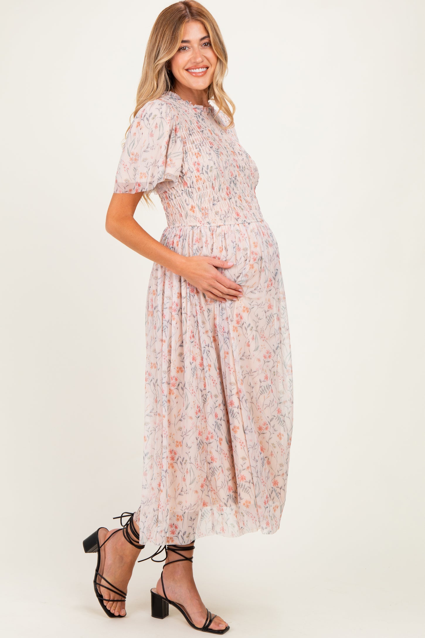 Cream Floral Smocked Maternity Midi Dress