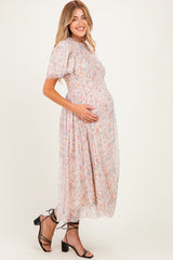 Cream Floral Smocked Maternity Midi Dress