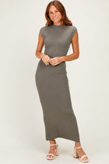 Olive Ribbed Knit Mock Neck Maternity Maxi Dress