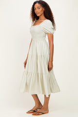 Sage Smocked Puff Sleeve Tiered Linen Midi Dress