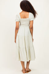 Sage Smocked Puff Sleeve Tiered Linen Midi Dress