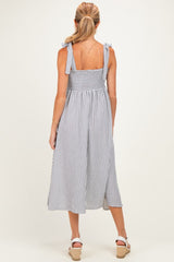 Navy Polka Dot Stripe Shoulder Tie Maternity Midi Dress