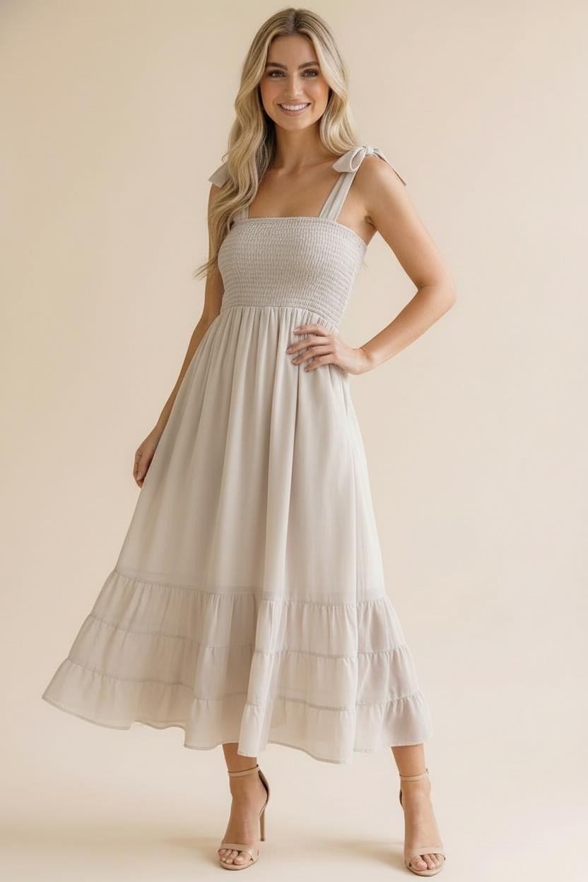 Stone Smocked Shoulder Tie Maternity Maxi Dress