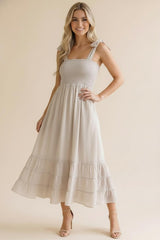 Stone Smocked Shoulder Tie Maternity Maxi Dress