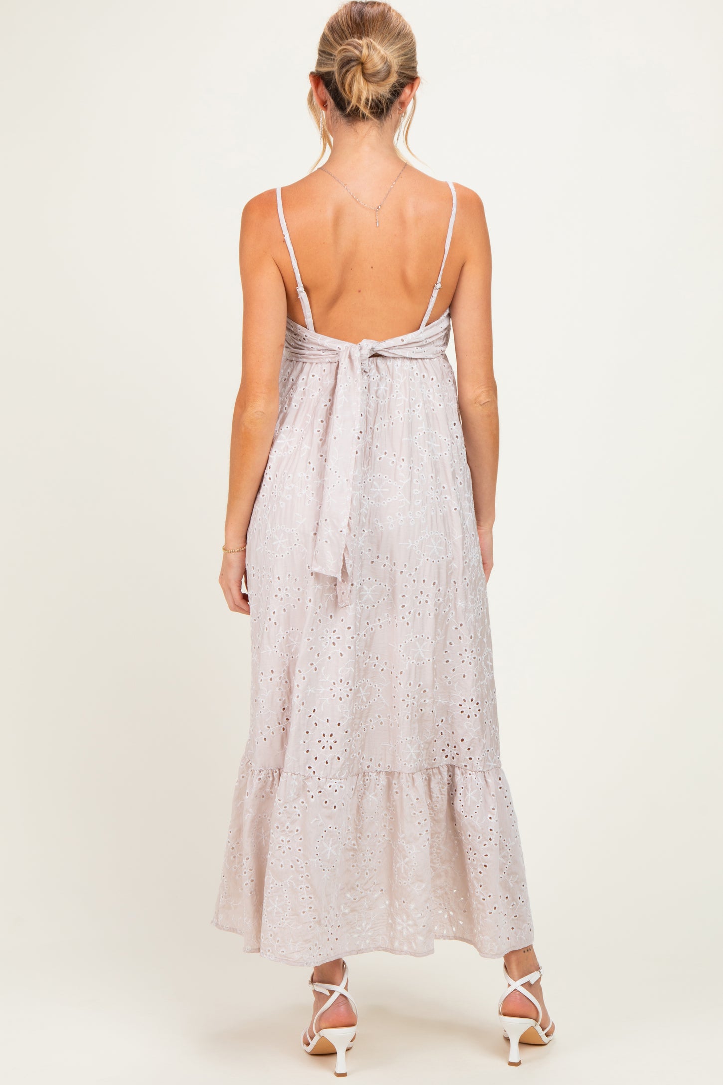 Beige Eyelet Lace Sleeveless Ruffle Hem Maternity Maxi Dress