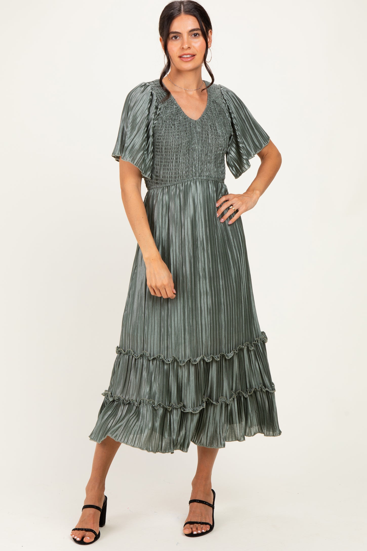 Olive Pleated Satin Smocked Maternity Midi Dress