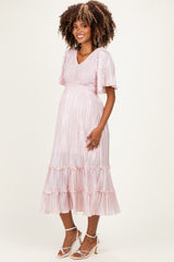 Pink Pleated Satin Smocked Maternity Midi Dress