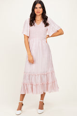 Pink Pleated Satin Smocked Maternity Midi Dress