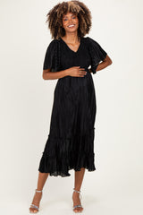 Black Pleated Satin Smocked Maternity Midi Dress