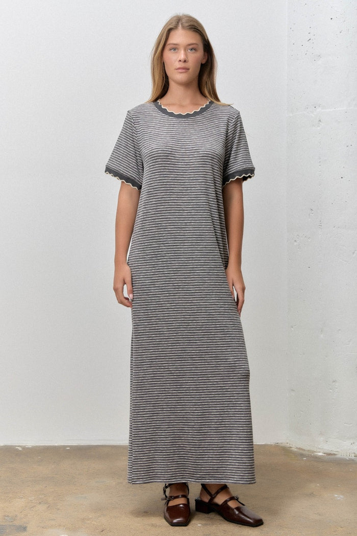 Charcoal Striped Knit Scallop Accent Maternity Maxi Dress
