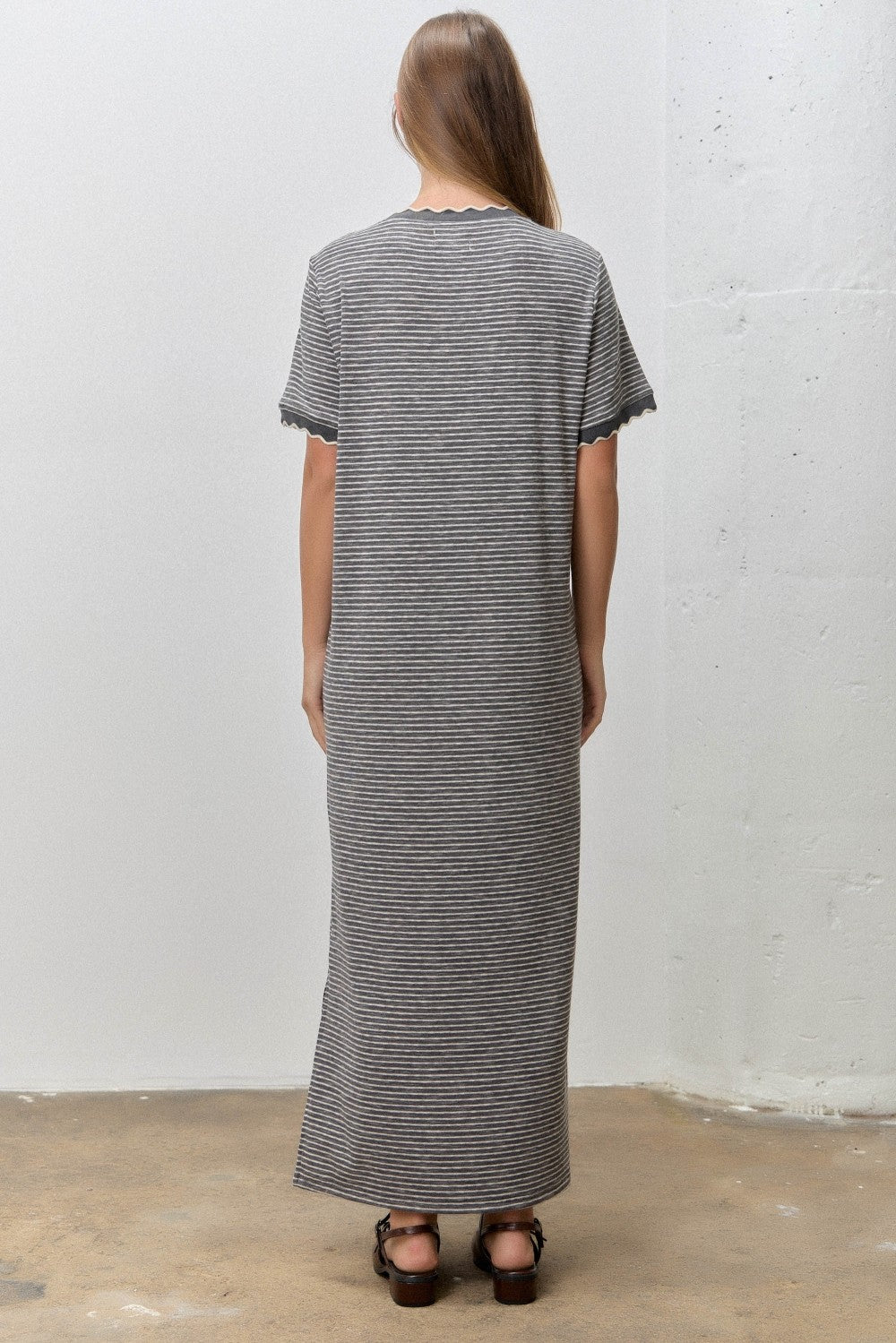 Charcoal Striped Knit Scallop Accent Maxi Dress