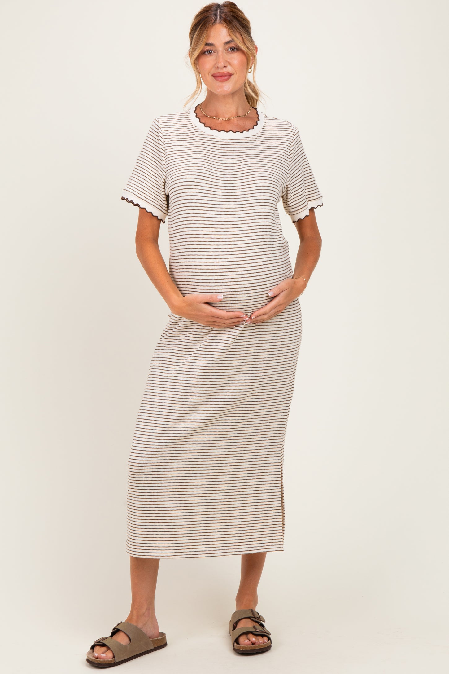 Cream Striped Knit Scallop Accent Maternity Maxi Dress