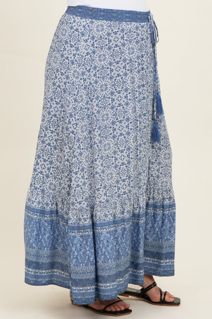 maternity wear blue patterned maxi skirt with a flowy design and tassel details on the waist