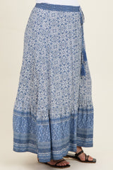 Blue Boho Print Drawstring Smocked Waist Maternity Maxi Skirt